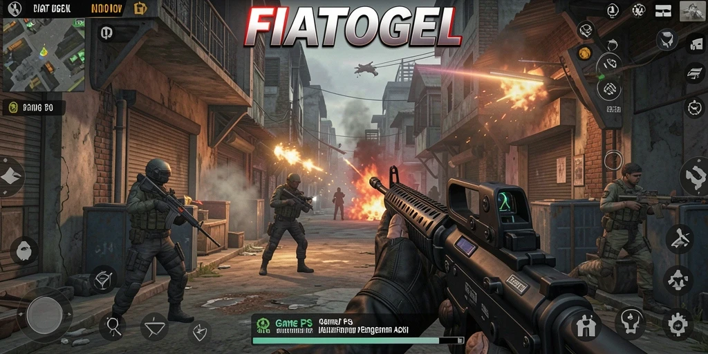 Tangkapan layar menampilkan adegan tembak-menembak intens dari gameplay FIATOGEL.