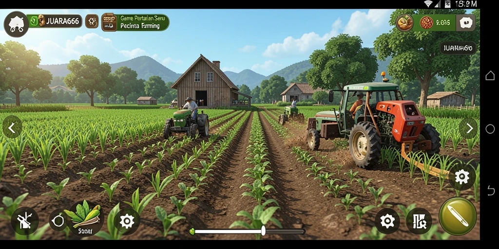 Tampilan gameplay JUARA666 dengan ladang subur dan aktivitas bertani.
