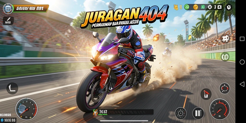 Tampilan gameplay menegangkan dari JURAGAN404 saat balapan motor.