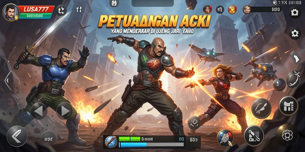 Screenshot utama <strong>LUSA777</strong> menampilkan aksi seru dan karakter keren.