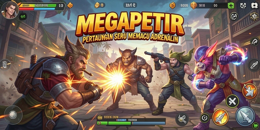 Screenshot gameplay MEGAPETIR menampilkan pertarungan seru dan dinamis.