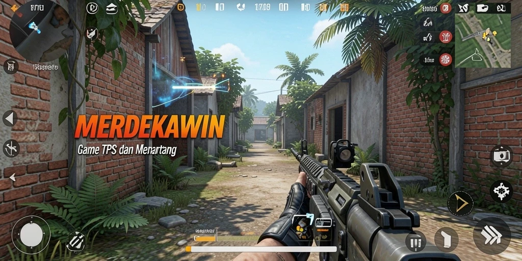 Screenshot gameplay MERDEKAWIN menunjukkan aksi seru dalam pertempuran TPS.