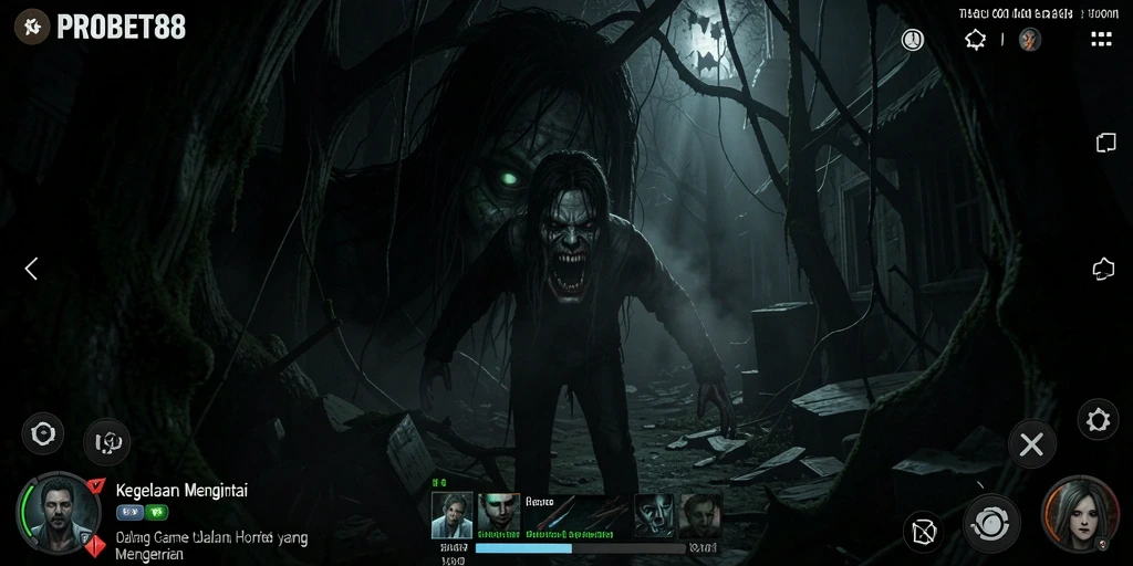 Tangkapan layar dari gameplay menyeramkan PROBET88 dengan suasana kegelapan.