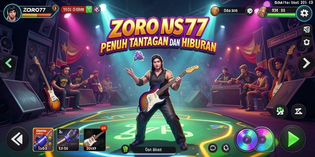 Tangkapan layar gameplay ZORO77 yang menampilkan tantangan musik seru.